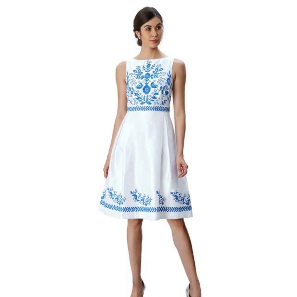 NEVER WORN eShakti Floral vine embroidery cotton poplin knee length dress
